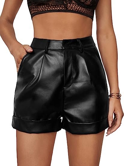 Women's High Waisted PU Leather Shorts Roll Hem Shorts with Pockets
