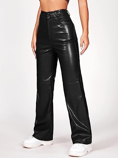 Women's Faux Leather Pants Straight Wide Leg Leather Pants