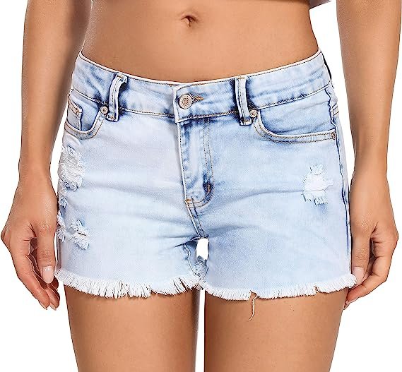 Women's Denim Shorts Low Waist Frayed Raw Hem Ripped Denim Shorts