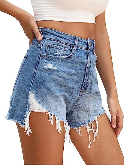 Women's High Waist Jeans Shorts Frayed Raw Hem Ripped Denim Shorts